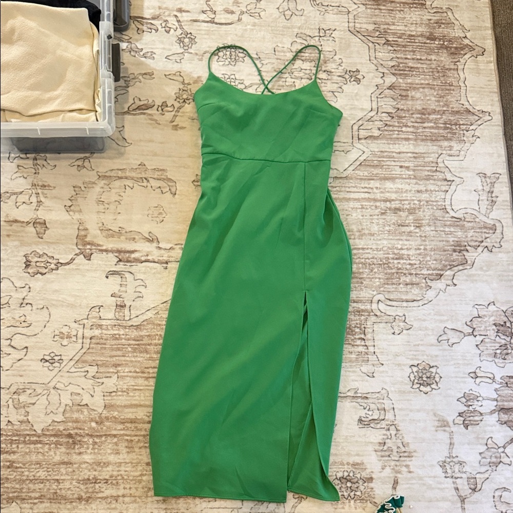 Green Spaghetti Strap Slit Dress